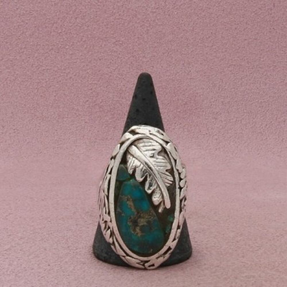 Navajo Sterling Silver Men's Vintage Turquoise Oval Feather Ring Size 12.25